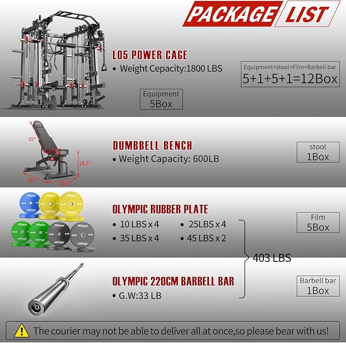 Smith Machine with Cable Crossover System, Multi-Function Squat Rack Power Cage for Home Gym, Power Rack and Packages Weight Sets