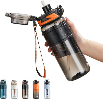 TKK Sports Water Bottles with Removable Straw 29 oz Leak-proof Flip Top Lid BPA Free Tritan Bottles with Strap for School, Fitness, Gym, Outdoor, Black