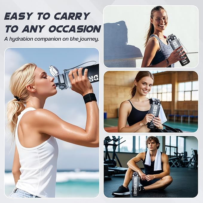Water Bottle, 16oz Sports Water Bottles with Time Marker Wide Mouth, Motivational and Leakproof Drink Bottle, BPA Free Tritan with Carry Strap for Gym Fitness Outdoor(1 Bottle)