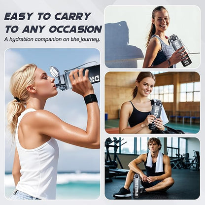 Water Bottle, 32oz Sports Water Bottles with Time Marker Wide Mouth, Motivational and Leakproof Drink Bottle, BPA Free Tritan with Carry Strap for Gym Fitness Outdoor (1 Bottle)