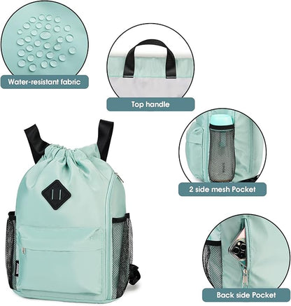 WANDF Drawstring Backpack Sports Gym Bag with Shoes Compartment, Water-Resistant String Backpack Cinch for Women Men (Small,Mint green)