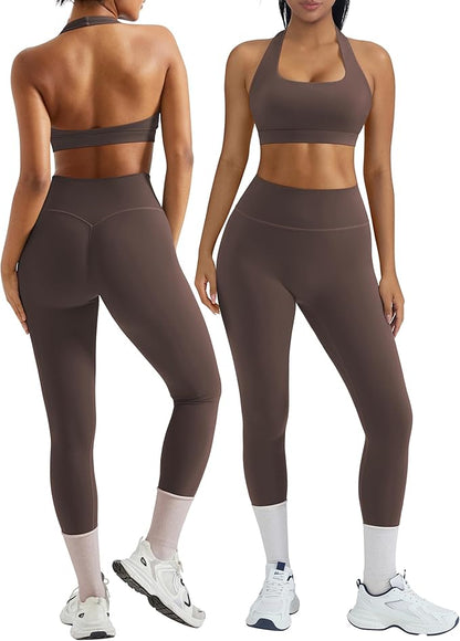OMKAGI 2 Piece Workout Sets for Women Halter Sports Bras Gym Sets Booty Leggings Outfits