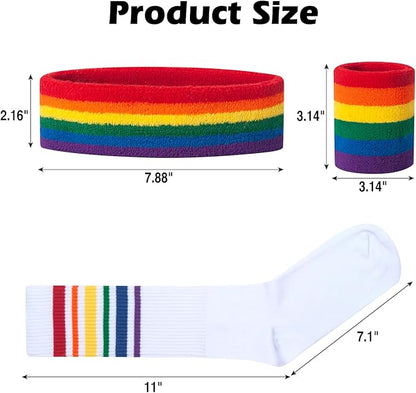 ONUPGO 5 Pieces Sweatbands Striped Socks Set Sports Headband Wristbands High Tube Socks 80s Accessories Costumes