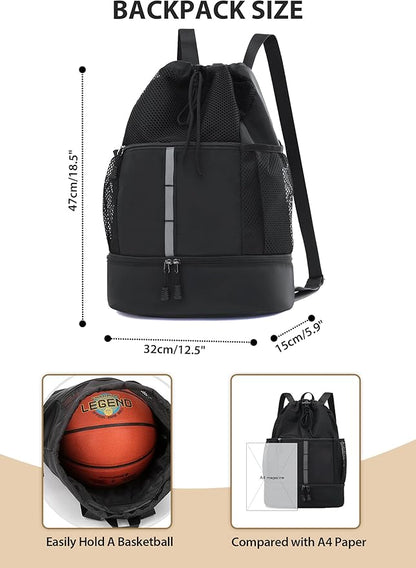 U.helper Waterproof Gym Drawstring Backpack, Sports Sack with Shoes Compartment & Wet Pockets for Ball/Beach/Swim Training