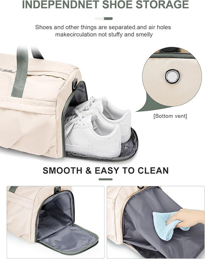 Gym Bag for Women Men with Shoe Compartment, Sport Duffel Bag, Waterproof Travel Weekender Overnight Carry on Bag for Yoga with Trolley Sleeve, Beige Green