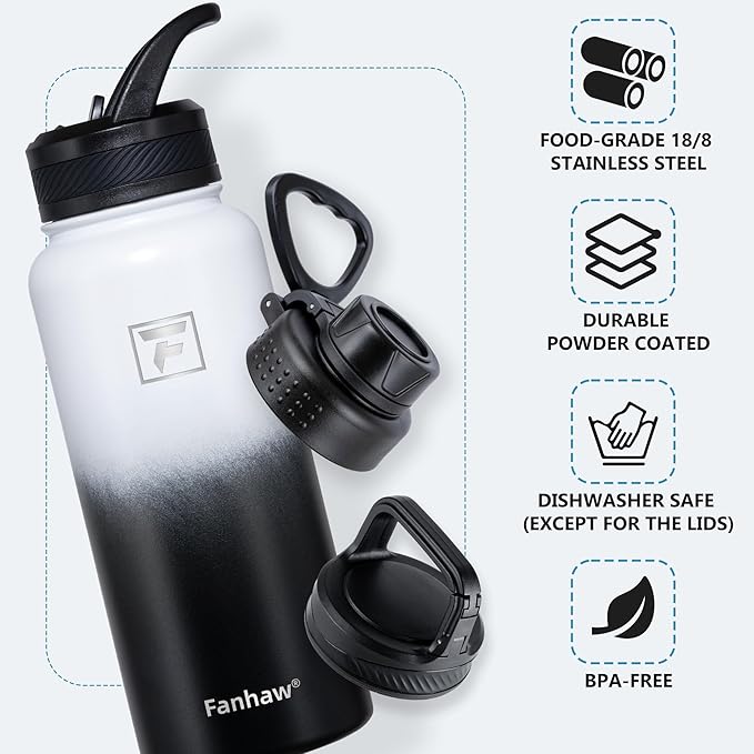 Fanhaw 32 oz Insulated Water Bottle – Portable Stainless Steel Flask with 3 Lids (Straw, Spout, Carabiner) | Leakproof, for Gym, Hiking, Work, Travel & Everyday Use (White Black)
