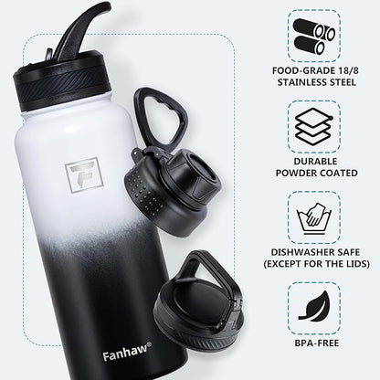 Fanhaw 32 oz Insulated Water Bottle – Portable Stainless Steel Flask with 3 Lids (Straw, Spout, Carabiner) | Leakproof, for Gym, Hiking, Work, Travel & Everyday Use (White Black)