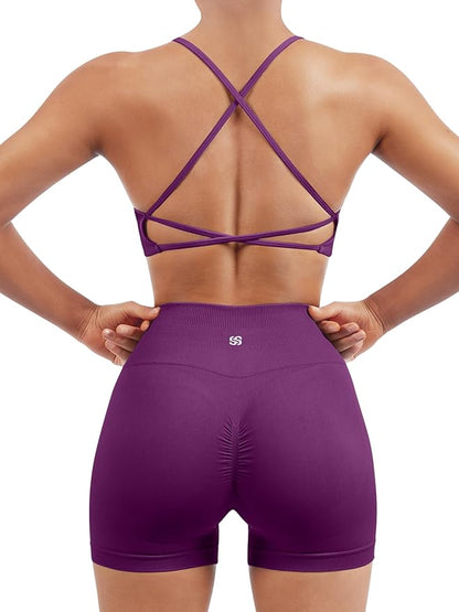 SUUKSESS Women Seamless Workout Sets Strappy Sports Bra High Waist Booty Shorts Outfits