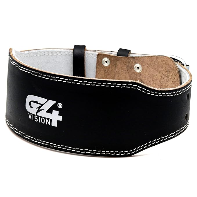 G4 Vision Genuine Leather Adjustable Weightlifting Belt 4 Gym Fitness Bodybuilding Powerlifting Deadlifting Thrusters Back Support Heavy Workout (Medium, Black)