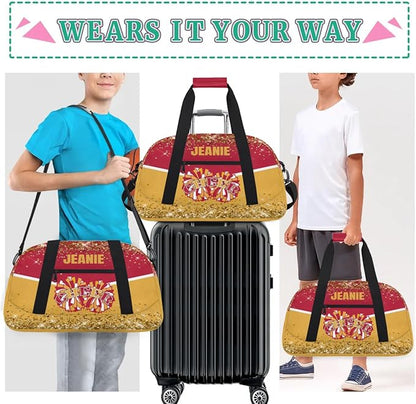 Personalized Cheer Gym Bags for Girls Kids Cheerleaders with Custom Name Sport Dance Perform Training Duffel Bags for Overnight Weekender Travel Red Yellow