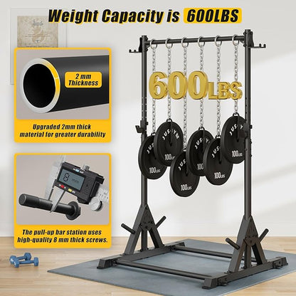 Pull Up Station, Strength Training Workout Pull Up Bar Free Standing for Home Gym, Adjustable Heavy Duty Pullup Bar Station Outdoor/Indoor, 600LBS Weight Capacity