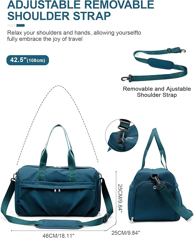 Gym Bag for Women Men with Shoe Compartment, Sport Duffel Bag, Waterproof Travel Weekender Overnight Carry on Bag for Yoga with Trolley Sleeve, Peacock Blue