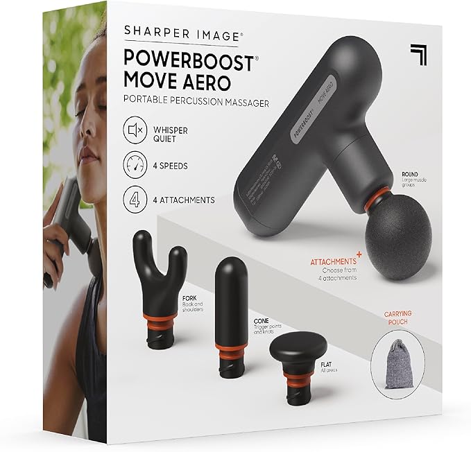 Sharper Image Powerboost Move Aero 3.0 – Mini Percussion Massage Gun| Updated Soft-Touch Design, Carrying Bag, 4 Nodes| Portable Full Body Back & Shoulder Massager| Deep Tissue Massage Tool Gift