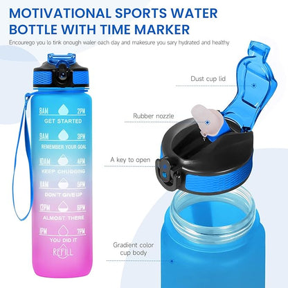 32 oz Motivational Water Bottle with Time Marker,Water Bottles with Times to Drink and Straw with Carrying Strap,Perfect For Fitness Gym Outdoor,BPA Free (Blue & Purple Gradient)