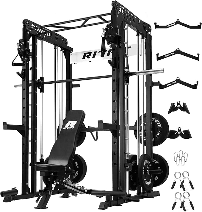 RitFit M1 Pro Smith Machine with Cable Crossover System, Multi-Function Squat Rack Power Cage for Home Gym, Power Rack and Packages