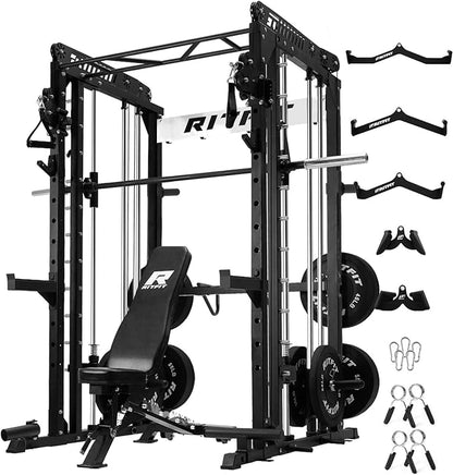 RitFit M1 Pro Smith Machine with Cable Crossover System, Multi-Function Squat Rack Power Cage for Home Gym, Power Rack and Packages