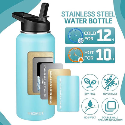 MEZMUT Insulated Water Bottle with Straw&2 Lids 32oz Metal Water Bottle Leakproof Travel Stainless Steel Water Bottles Reusable Double Wall Gym Sports Cup Flask for Camping Hiking, Blue
