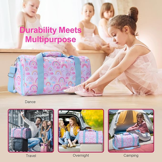 Bagseri Dance Bag for Girls - Kids Duffle with Shoe Compartment, Gymnastics Tote for Sleepover Travel with Water Resistant Wet Pocket (Light Purple Blue Rainbow)