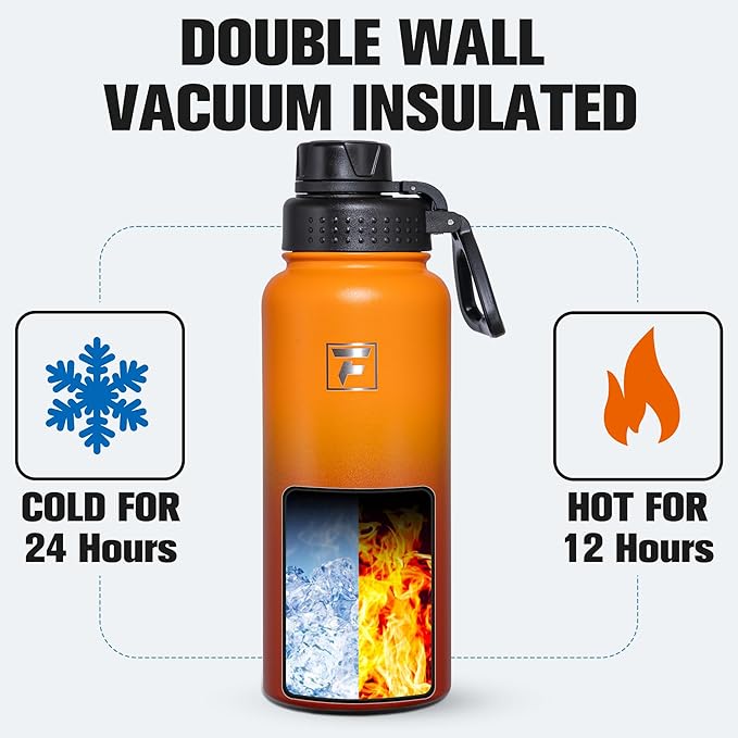 Fanhaw 32 oz Insulated Water Bottle – Portable Stainless Steel Flask with 3 Lids (Straw, Spout, Carabiner) | Leakproof, for Gym, Hiking, Work, Travel & Everyday Use (Yellow Orange)