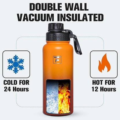 Fanhaw 32 oz Insulated Water Bottle – Portable Stainless Steel Flask with 3 Lids (Straw, Spout, Carabiner) | Leakproof, for Gym, Hiking, Work, Travel & Everyday Use (Yellow Orange)