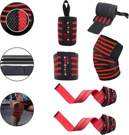 Knee Wraps + Wrist Wraps + Weight Lifting Straps Bundle (3 Pairs) for Weightlifting Bodybuilding Strength Training Workout Gym, Fitness Protective Set for Men & Women
