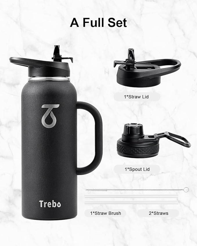Trebo 40oz Water Bottle Insulated with Handle, Stainless Steel Metal Large Jug,Travel Flask with Straw Spout Lid,Mug Tumbler Cup,Keep Cold Hot, Indigo Black