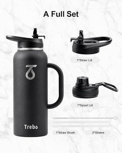 Trebo 40oz Water Bottle Insulated with Handle, Stainless Steel Metal Large Jug,Travel Flask with Straw Spout Lid,Mug Tumbler Cup,Keep Cold Hot, Indigo Black