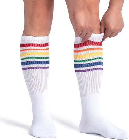 ONUPGO 5 Pieces Sweatbands Striped Socks Set Sports Headband Wristbands High Tube Socks 80s Accessories Costumes