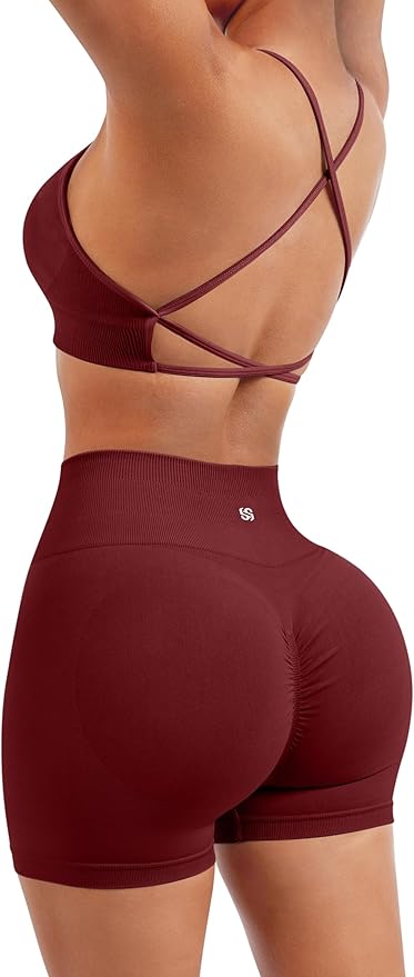 SUUKSESS Women Seamless Workout Sets Strappy Sports Bra High Waist Booty Shorts Outfits