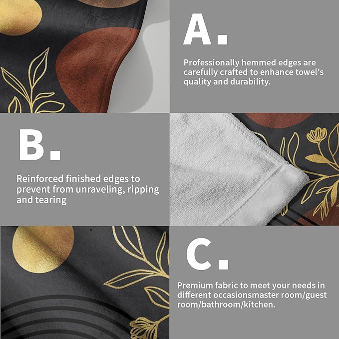 Black Boho Modern Kitchen Towels Set of 2 Abstract Mid Century Soft Absorbent Face Towels Retro Gold Leaves Tea Dish Towels Housewarming Gifts for New Home Bathroom Hotel 14"x28"