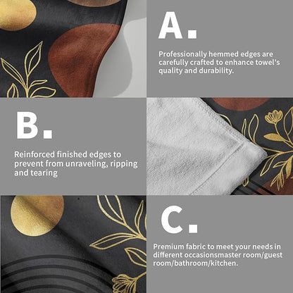 Black Boho Modern Kitchen Towels Set of 2 Abstract Mid Century Soft Absorbent Face Towels Retro Gold Leaves Tea Dish Towels Housewarming Gifts for New Home Bathroom Hotel 14"x28"