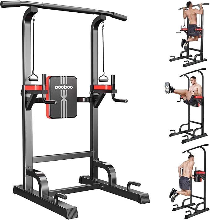 Power Tower Dip Station Pull Up Bar for Fitness Home Gym Workout,Multi-Function Adjustable Height Fitness Strength Training Exercise Equipment,with Power Elastic Ropes (Black S01)
