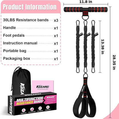 Upgraded Multifunction Pedal Resistance Band with Handle, 3 Tube Adjustable Resistance Bands for Abdomen, Waist, Arm, Core/ABS, Leg Workout - Sit Up Exercise Equipment for Women