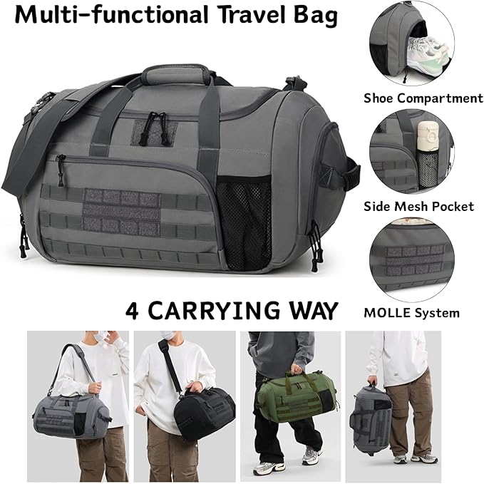Gym Bag for Men Women, Sports Travel Duffle Bag with Shoe Compartment, 35L Waterproof Carry On Overnight Bag MOLLE System for Workout Fitness Travel Green