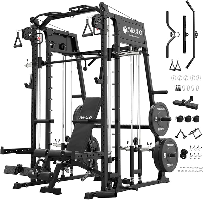 Mikolo M4 2.0 Smith Machine, 2200lbs Squat Rack with LAT-Pull Down System & Cable Crossover Machine, Training Equipment with Leg Hold-Down Attachment