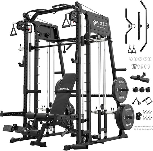 Mikolo M4 2.0 Smith Machine, 2200lbs Squat Rack with LAT-Pull Down System & Cable Crossover Machine, Training Equipment with Leg Hold-Down Attachment