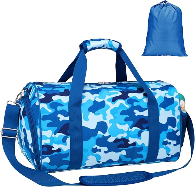 Bagseri Boys Duffle Bag for Travel - Kids Gym & Sports Bag with Shoe Compartment & Water Resistant Wet Pocket, Weekender for Camping & Sleepover (Blue Camo)