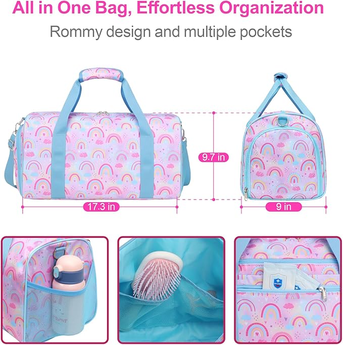 Bagseri Dance Bag for Girls - Kids Duffle with Shoe Compartment, Gymnastics Tote for Sleepover Travel with Water Resistant Wet Pocket (Light Purple Blue Rainbow)