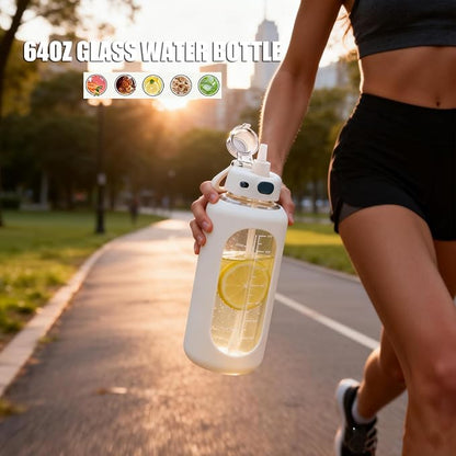 SIEROZUR 64 oz Glass Water Bottle with Straw and Handle Half Gallon Large Water Bottle with Silicone Sleeve and Time Marker Sports Water Jug Wide Mouth for Travel Gym