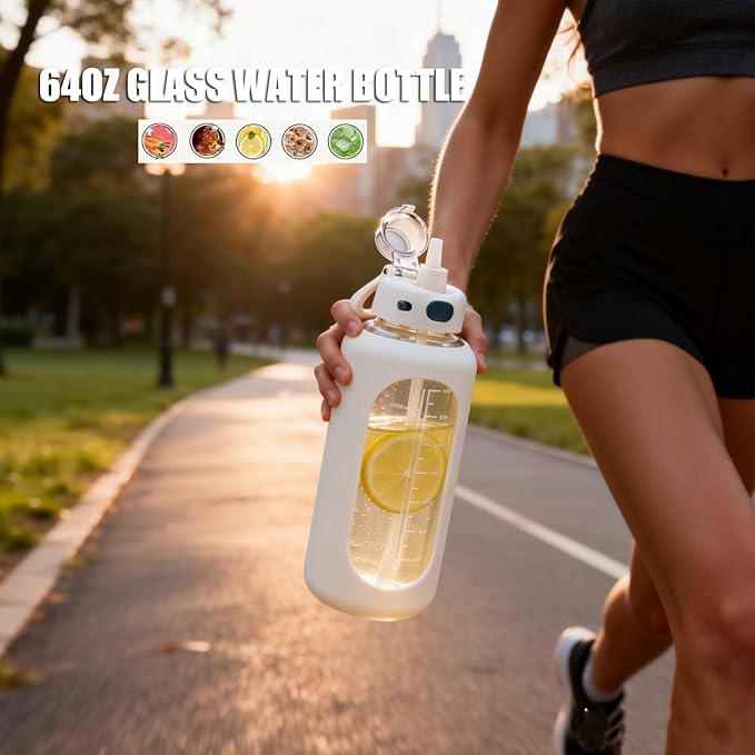 SIEROZUR 42 oz Glass Water Bottle with Straw and Handle Half Gallon Large Water Bottle with Silicone Sleeve and Time Marker Sports Water Jug Wide Mouth for Travel Gym