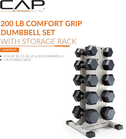 CAP Barbell Rubber Coated Hex Dumbbell Set with Vertical Rack | 100-300 lbs Free Weights Dumbbells Set for Home Gym | Multiple Options