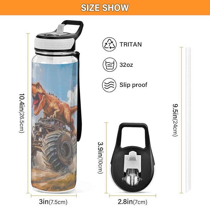 Fustylead T-rex Riding Monster Truck Tritan Water Bottle with Straw and Lids, 32 oz Reusable BPA Free Sport Water Bottle for Gym Camping Hiking Travel