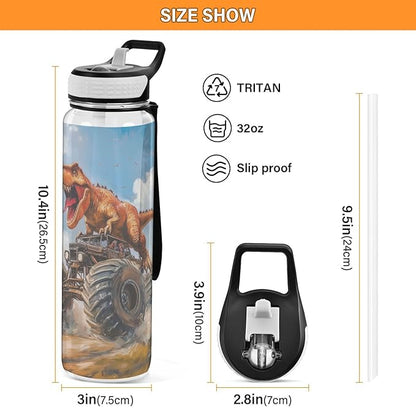 Fustylead T-rex Riding Monster Truck Tritan Water Bottle with Straw and Lids, 32 oz Reusable BPA Free Sport Water Bottle for Gym Camping Hiking Travel