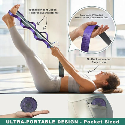 Stretching Strap with 10 Loops – Non-Elastic Yoga Strap for Physical Therapy, Knee Replacement Recovery & Plantar Fasciitis – Leg Stretcher Band for Flexibility & Hamstring Rehab