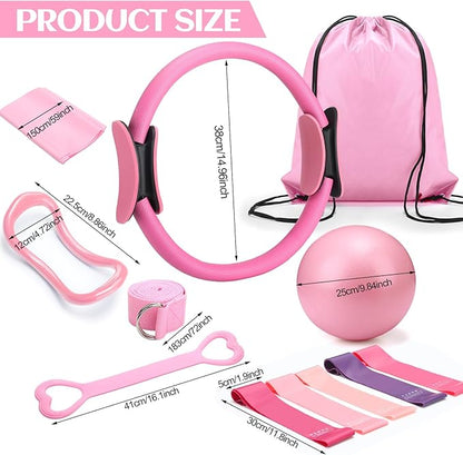 Set of 18 Pilates Ring Essential Kit for Women Pilates Ring and Ball Ankle Resistance Band Yoga Strap Socks Mat Arm Stretcher Latex Tube Gym Back Bag Exercise Equipment for Workout
