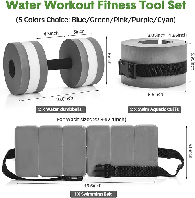 5 Pcs Pool Aquatic Exercise Set Including 2 Lightweight Water Dumbbells, 2 Ankle Swimming Weights, and Swim Belt Water Exercise Equipment for Aquatic Aerobics