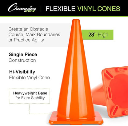 Champion Sports High Visibility Flexible Vinyl Cones for Sports Training, Agility Drills, Field & Gym Marking Sets