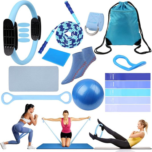 15 Pcs Home Pilates Essentials Kit for Women,Pilates Kit with 9 Inch Yoga Ball,Pilates Ring,Resistance Bands,Jump Rope,Workout Sets for Women,Pilates Equipment Set for Starter Toning Workout at Home
