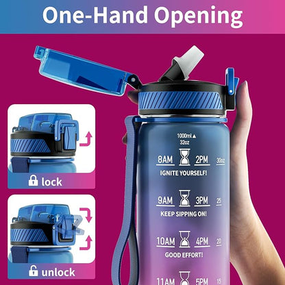 Water Bottle with Straw, 32oz Motivational Water Bottles with Time Marker to Drink, Tritan BPA Free, 1L Sports Water Bottle with Carry Strap LeakProof for Women Gym Fitness Outdoor (1 Pack)