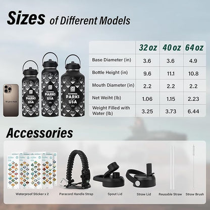National Parks Water Bottle – 64 oz Insulated Stainless Steel Bottle with 63 Hand-Drawn Park Stickers, Carrier Bag, Strap & Gift Box – BPA-Free – Ideal for Hiking, Camping & Travel